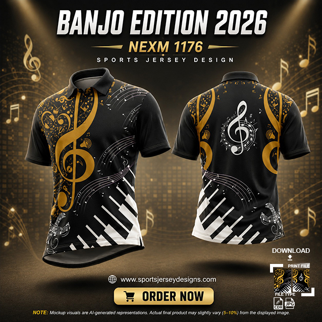 NEXM-176 BLACK,WHITE AND YELLOW MUSICAL BANJO GROUP SUBLIMATION JERSEY DESIGN IN ORANGE AND BLACK COLOR